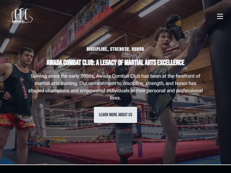 Awada Combat Club homepage on tablet