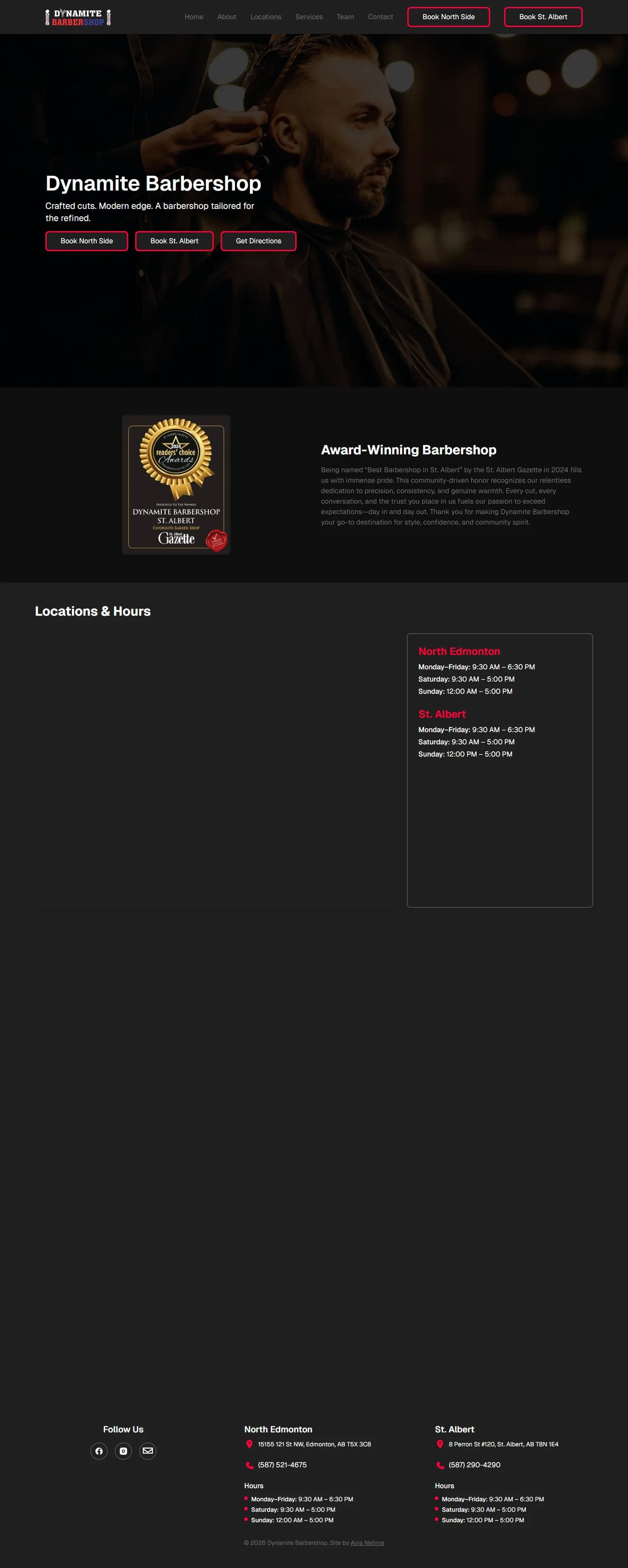 Dynamite Barbershop homepage on desktop