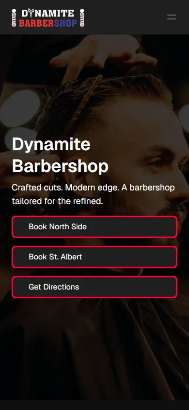 Dynamite Barbershop homepage on mobile