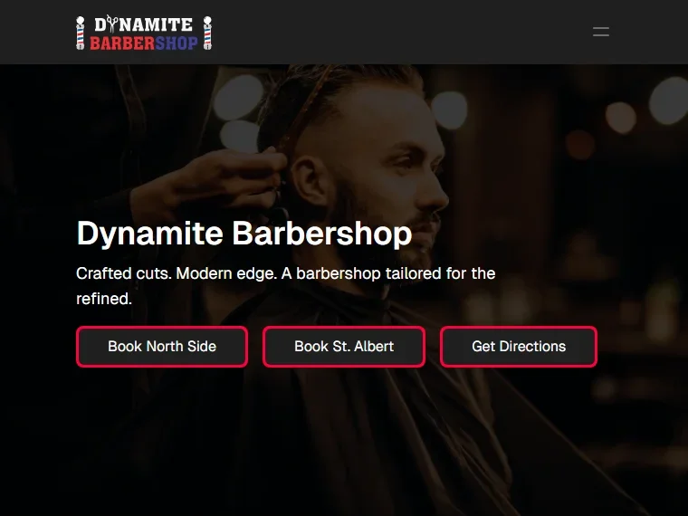 Dynamite Barbershop homepage on tablet